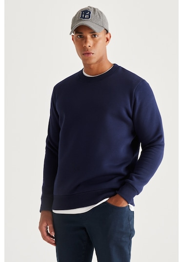 AC&Co / Altınyıldız Classics Erkek Lacı Standart Fit Normal Kesim İçi Polarlı Bisiklet Yaka Sweatshirt Lacivert
