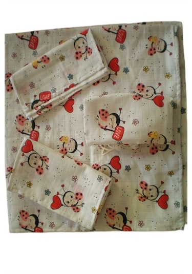 More Home Bebek Müslin Bez Battaniye Set 5 Parça Uğur Böceği Kırmızı Krem Beyaz - Kırmızı