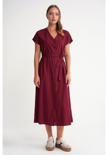4721 Kadın V Yaka Düğme Detaylı Keten Elbise Bordo Bordo