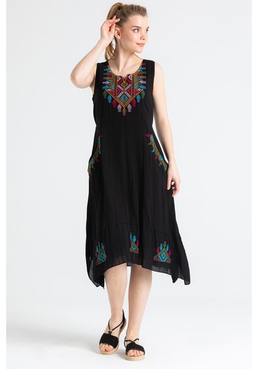 Kolsuz Şile Bezi Antik Nakışlı Midi Boy Elbise Siyah Syh-siyah