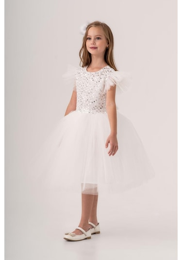 Tüllü Kız Çocuk Kpl Elbise Mnk0526 Beyaz