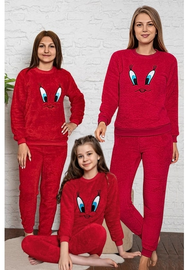 Civciv Desenli Anne Kız Çocuk Kombin Peluş Pijama Takımı Anne Kız Ayrı Satılır. Kırmızı