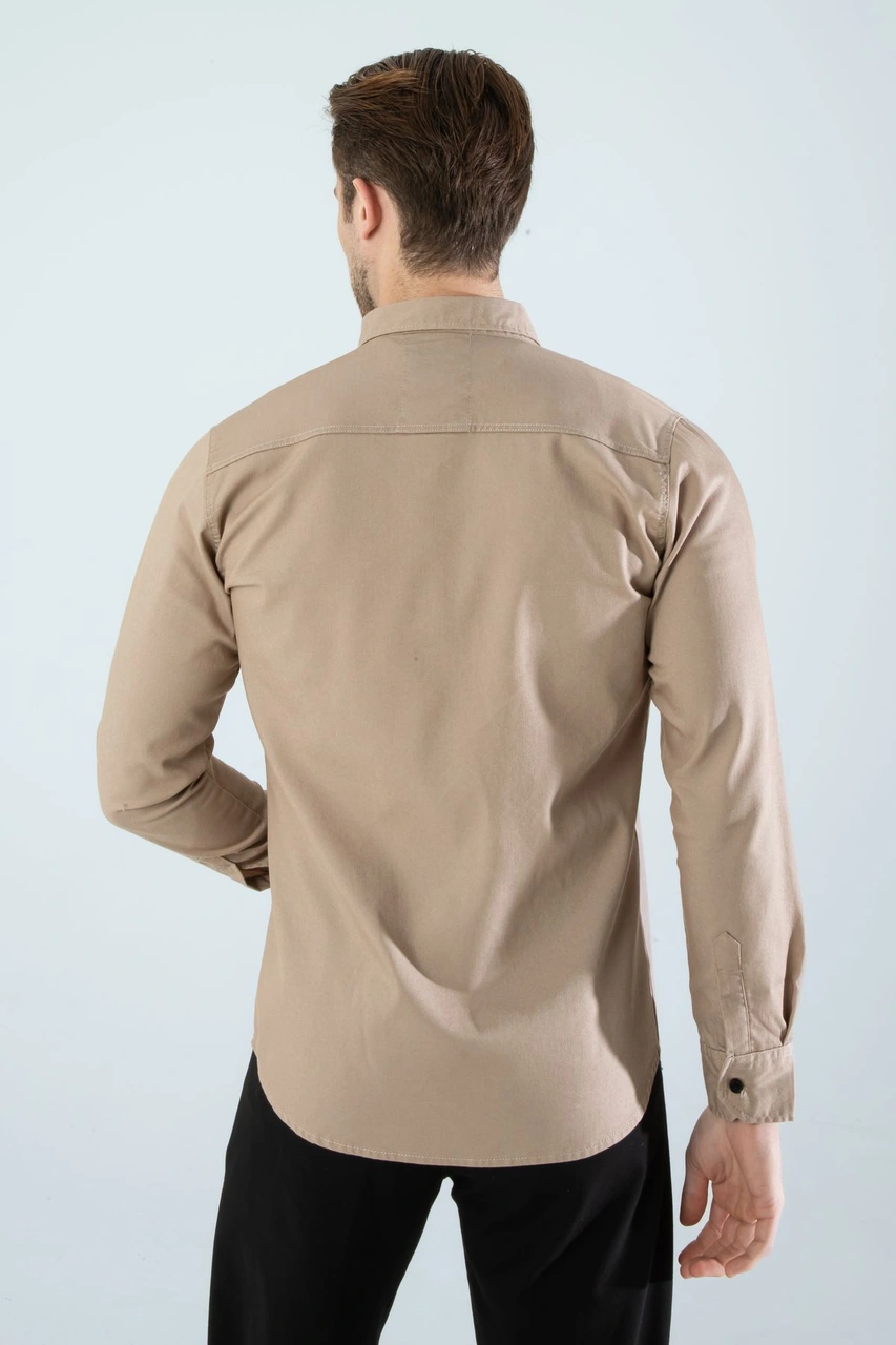 Slim Fit Erkek Cepsiz Kot Gömlek Bej