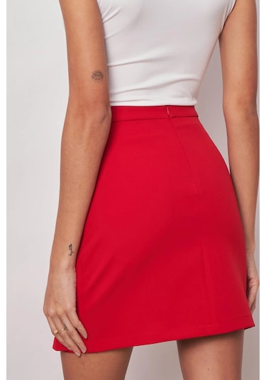 Kadın Hafif Likralı Kumaş Yüksek Bel Anvelop Kruvaze Hafif Mini Kalem Etek-kırmızı Kırmızı