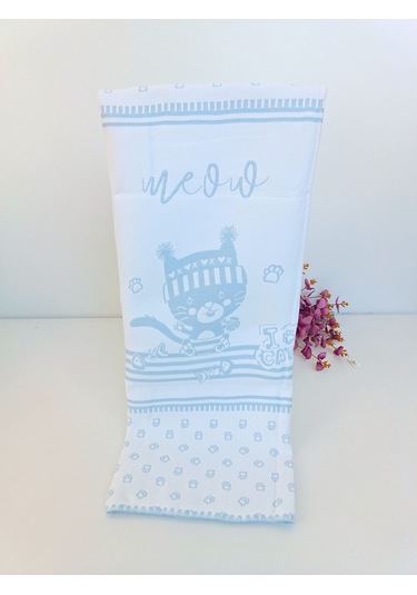 Triko Mavi Erkek Bebek Battaniyesi %100 Pamuklu Kedili Çok Amaçlı Bebek Arabası Örtüsü Oyun Matı Mavi