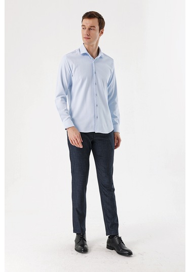 MORVEN  Erkek Lacivert Poliviskon Desenli Slim Fit  Pantolon