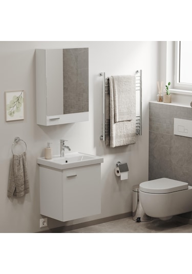 Aqua Bagno Basic Alt Dolap + Üst Dolap -lavabo Dahil-beyaz ,50 Cm. 3 Parça Beyaz