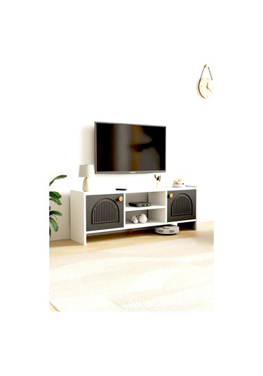 Molde Bohem Tv Sehpası Mdf Membran Kapaklı Raflı Tv Ünitesi Televizyon Sehpası Beyaz - Antrasit