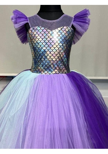 Kız Çocuk Deniz Kızı Tarlatanlı Abiye Elbise-13691 Mor