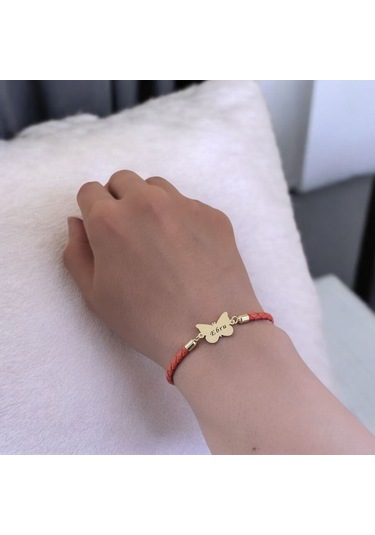 Ebru İsmine Özel 14 Ayar Altın Plakalı Turuncu Derili Kelebek Motifli Hediye Bileklik-502isim Ebru