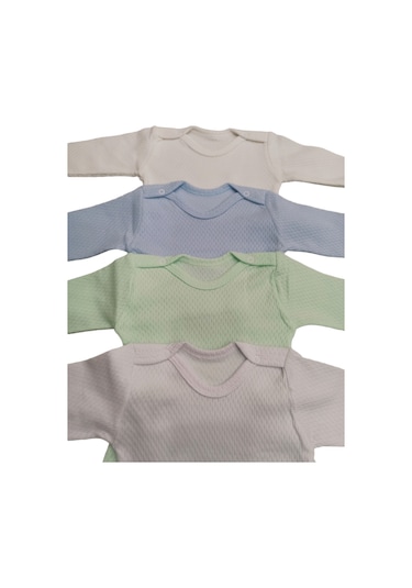 Uzun Kollu Çıtçıtlı Badi Bisiklet Yaka Hava Alır Kumaş  Zıbın 0 - 48 Ay  4'lü Paket Beyaz - Krem - Yeşil - Mavi