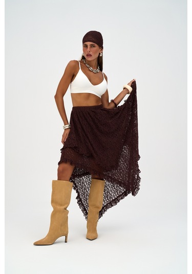 Mireya Asimetrik Bordo Dantel Etek Bordo