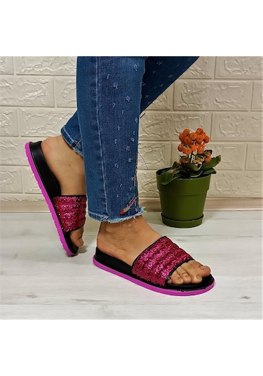 Calx Fuşya Simli Orthopedic Taban Şık Günlük Kadın Terlik 001