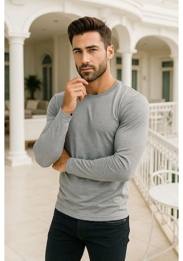 Erkek Uzun Kollu Bisiklet Yaka Tişört - %100 Pamuk Basic Relaxed T-shirt Gri