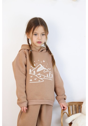 3 İp Baskılı Kapüşonlu Şardonlu İkili Takım Kahverengi