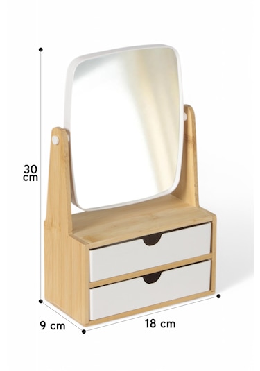 İronika Bambu 2 Çekmeceli Aynalı Makyaj Organizeri Saat Kolye Yüz