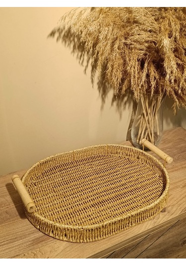 Hasır Rattan Bambu Kulplu Örme Tepsi Geniş Boy Oval Diğer