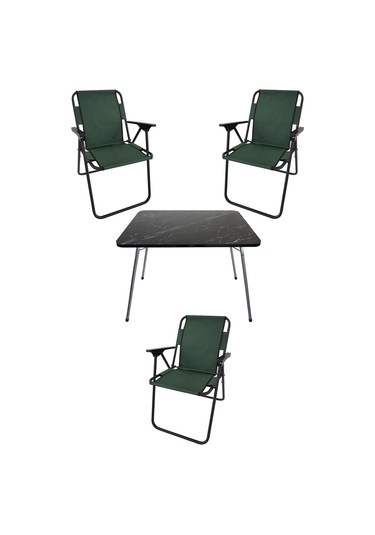 Bofigo 60X80 Granit Desenli Katlanır Masa + 3 Adet Katlanır Sandalye Kamp Seti Bahçe Takımı Yeşil