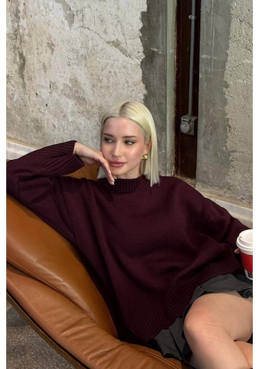 Mürdüm Bisiklet Yaka Oversize Triko Kazak Mg1972 Mürdüm