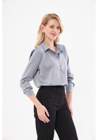 Klasik Saten Gömlek Gri Gri