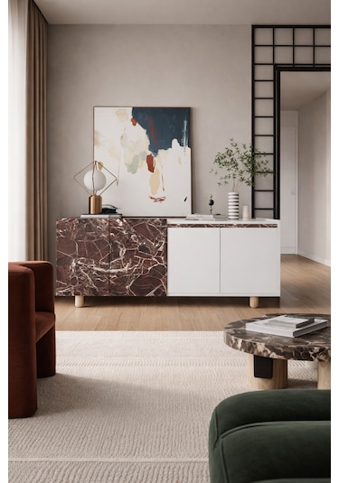 Ravenna Modern Konsol 180 Cm Mermer Desen - Beyaz Bordo- Beyaz