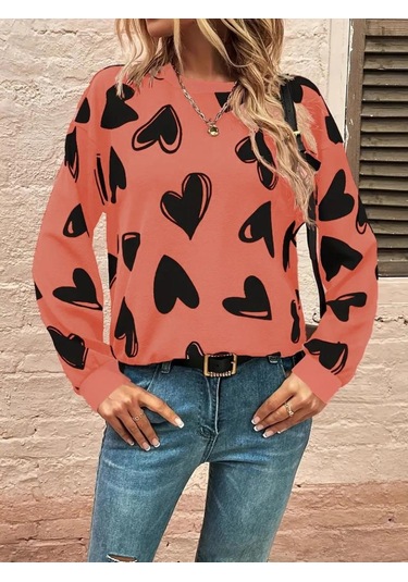 Kadın Uzun Kollu Bisiklet Yaka Kalp Desenli Iki Iplik Bluz Turuncu