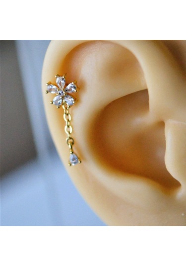 Heppii Cerrahi Çelik Zincir Sallantılı Çiçek Tragus Piercing Helix Kıkır Çok Renkli