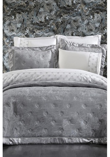 Valeria Lüx Nakışlı Çeyiz Paketi 9 Parça Gri Gri