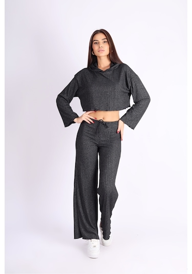 Soft&Basic Kadın Eşofman Takımı Kapüşonlu Sweatshirt Ve Geniş Paça Antrasit Pantolon Eşofman Gri