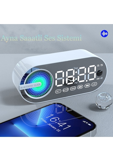 Sessiz Kablosuz Led Dijital Saat Alarm Ayna Bluetooth Hoparlör