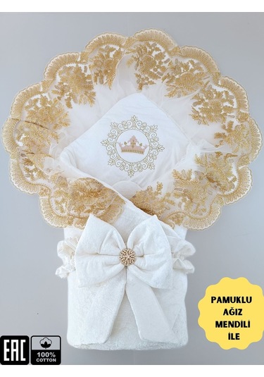 Kadife Kız Bebek Battaniyesi Dantelli Kundak Hastane Çıkışı Yenidoğan %100 Doğal Pamuktan Hediyelik Ekru