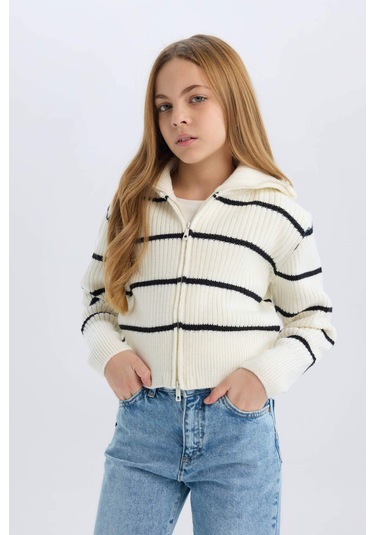 DeFacto Kız Çocuk Çizgili Fermuarlı Triko Hırka D1387A824WNER233 Ekru
