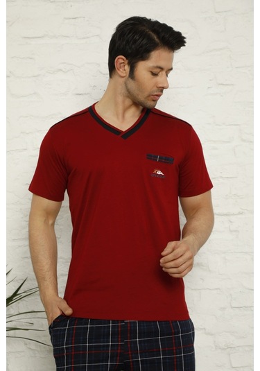 Erkek V Yaka Ekose Desen %100 Pamuk Kısa Kol Cepli Pijama Takımı Bordo