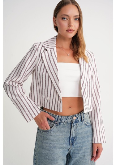 4641 Kadın Keten Çizgili Crop Ceket Bordo Bordo