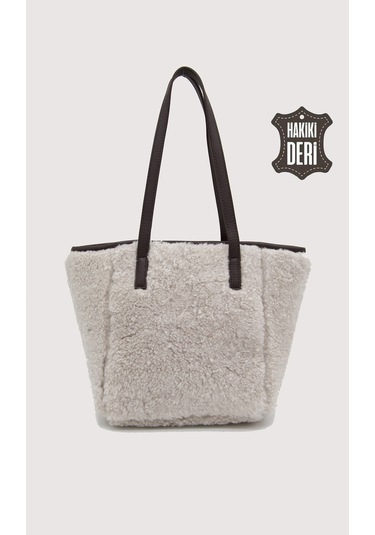 Hakiki Deri Kürklü Kadın El Çantası Beyaz Smr9152 Beyaz