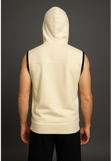 Axxel Erkek Krem Fermuarlı Kapüşonlu Kanguru Cepli Kolsuz Yelek-y1142 Krem