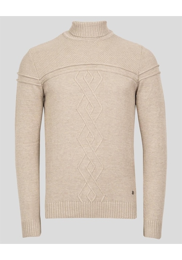 Erkek Tam Boğazlı Örgü Desenli Slim Fit Kazak Ncs Jeans 3659-Bej