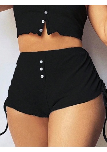 Munn Collection Kadın Ip Askılı Crop Bluz Ve Yanlardan Büzgülü Ikili Kaşkorse Short Takım Siyah