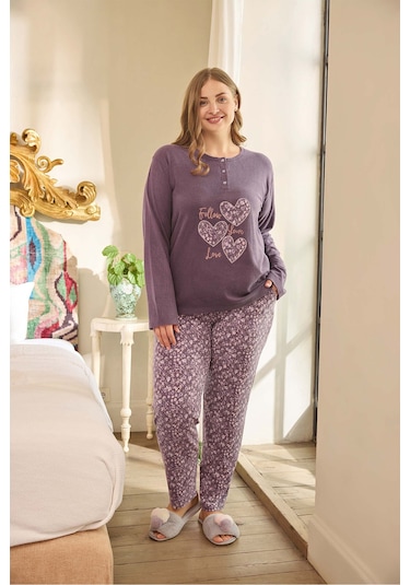 Aydoğan Kadın Suzi Büyük Beden Termal Erik Moru Pijama Takım 0683 Mor