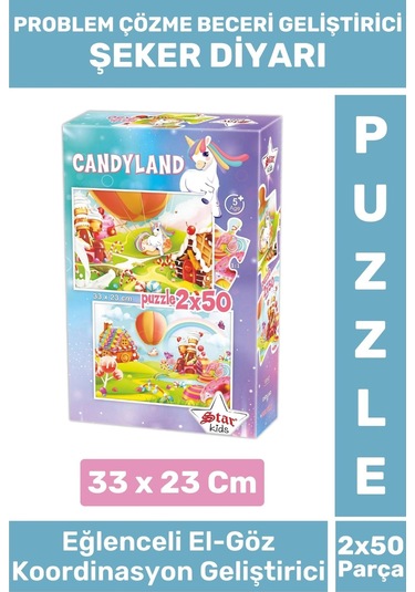 Premium Seri Eğlenceli El Göz Koordinasyon Beceri Geliştirici Çocuk 2x50 Parça Puzzle Şeker Diyarı