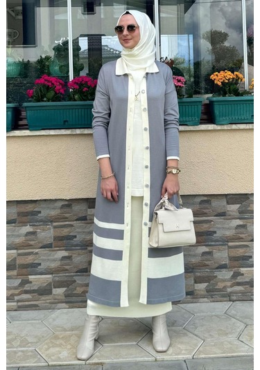 İmge Çizgili Triko Hırka Gri Çok Renkli