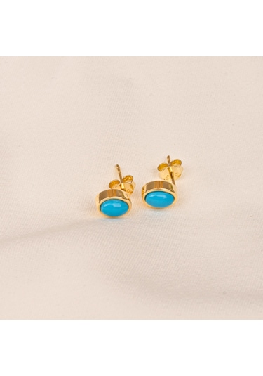 Altın Küpe - 14 Ayar Altın Firuze Turkuaz Taşlı Oval Küpe Sarı