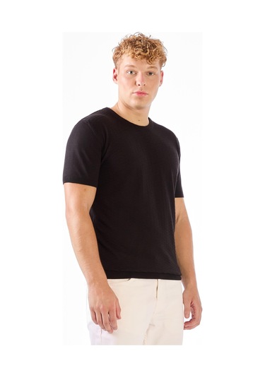 Dufy Siyah O Yaka Düz Renk Kısa Kollu Slim Fit Triko Tshirt Siyah