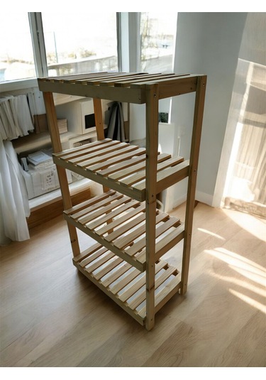 Doğal Ahşap 4 Katlı Dekoratif Raf Beyaz - Çam