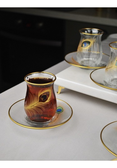12 Parça 6 Kişilik Lüx Cam Çay Seti Gold Detaylı Altın Renk İşlemeli Lüks Çay Takımı Altın