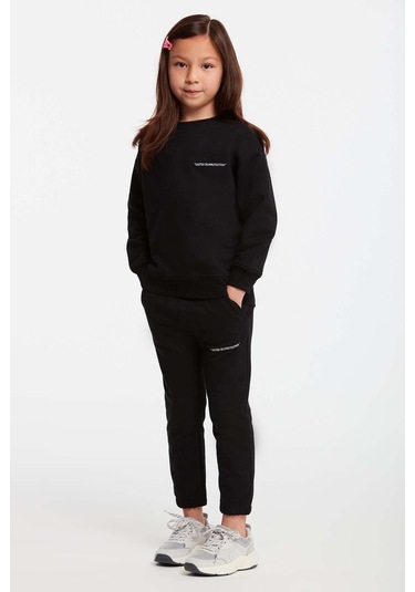 Jabor Kız Çocuk Nakışlı Bisiklet Yaka Comfort Siyah Eşofman Takımı