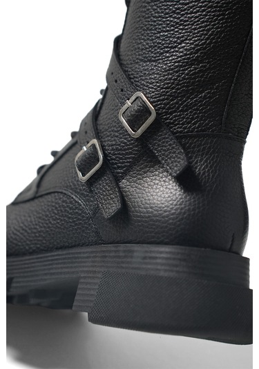 Leah Kadın Siyah Gerçek Deri Tokalı Postal Bot Siyah