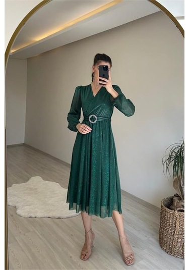 Neşeli Butik Kadın Kruvaze Yaka Tokalı Midi Boy Işıltılı Elbise Nm009 Yeşil