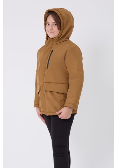 Kız Çocuk Taba İçi Kürklü Su Ve Rüzgar Geçirmez Kapüşonlu 3 Cep Kışlık Mont & Kaban & Parka Taba