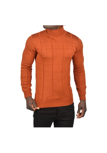 Deepsea Erkek Kiremit Rengi Kare Desenli Balıkçı Yaka Slim Fit Boğazlı Triko Kazak 2505493 Kiremit Rengi Kiremit